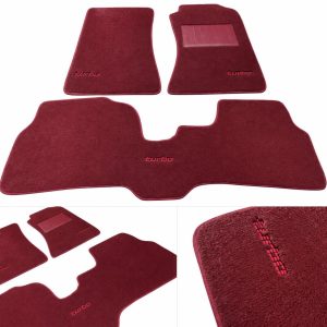 HOLDEN VL COMMODORE FLOOR MATS IN DARK RED PLUSH 3 PIECE KIT RED TURBO BADGE